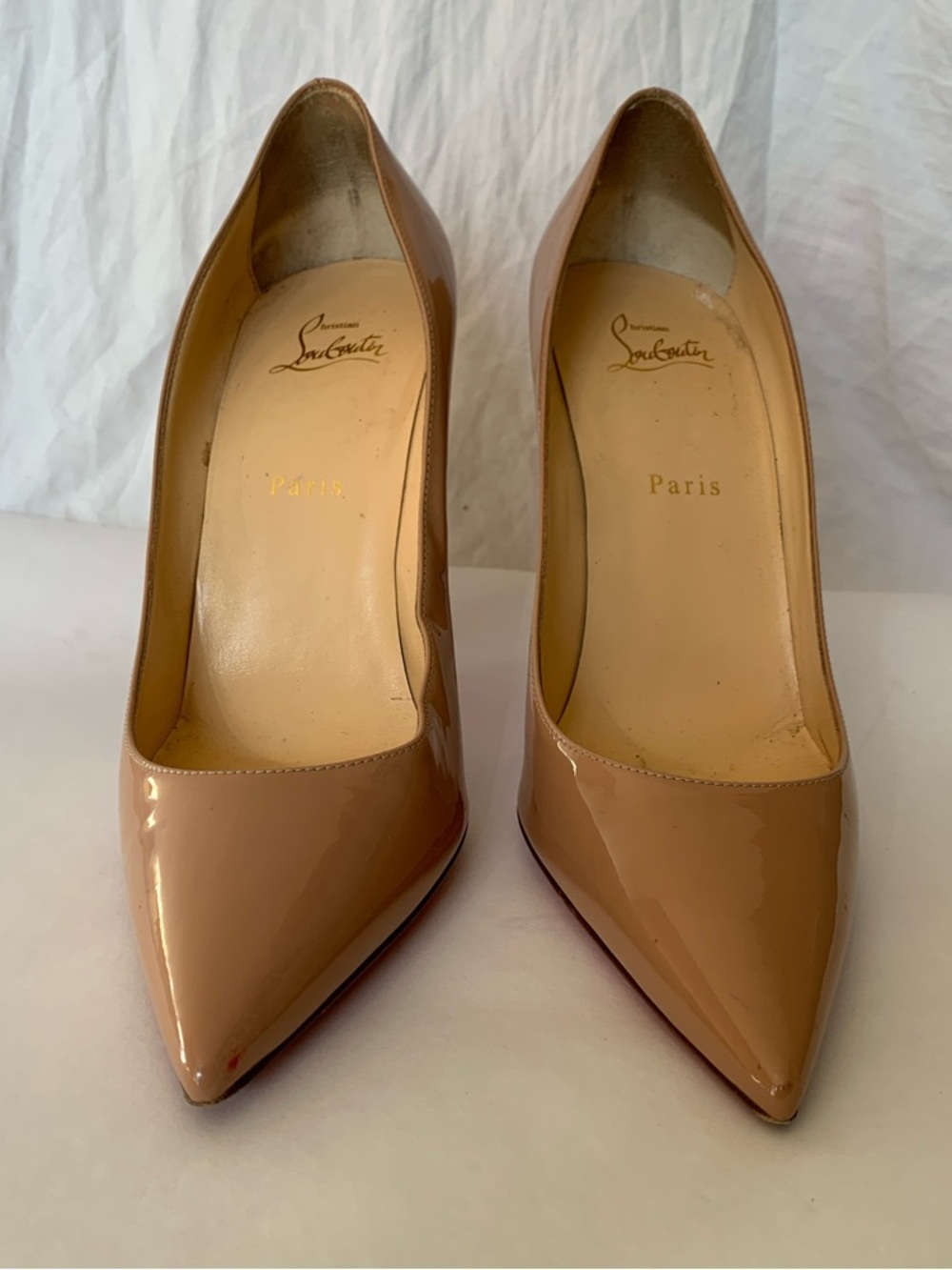 Christian Louboutin Patent Leather Nude-Tan Pointed Toe Pumps